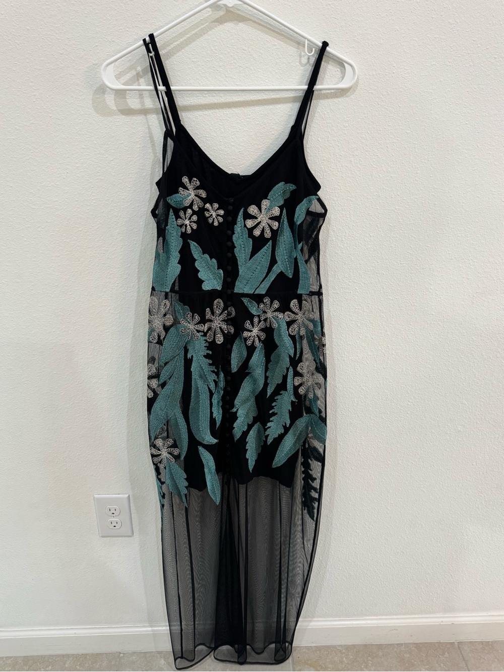 GUESS Embroidered Sheer Mesh Cami Dress Black Teal Floral Whimsigoth Fairycore